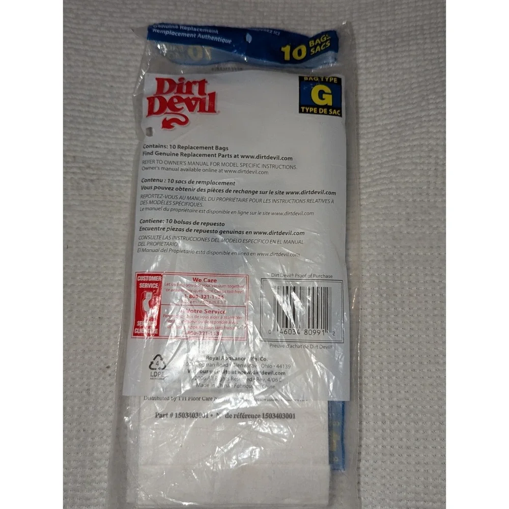 Dirt Devil Hand Vac Style G Paper‎ Vacuum Bags 10 Pack (Sealed)